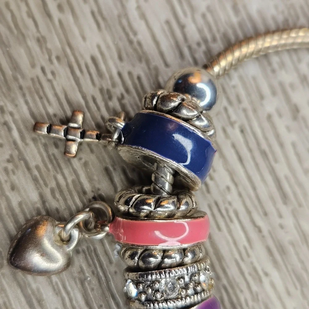 Colorful enamelCharm Bead Bracelet Silver Tone Heart Cross Star 8 Inch